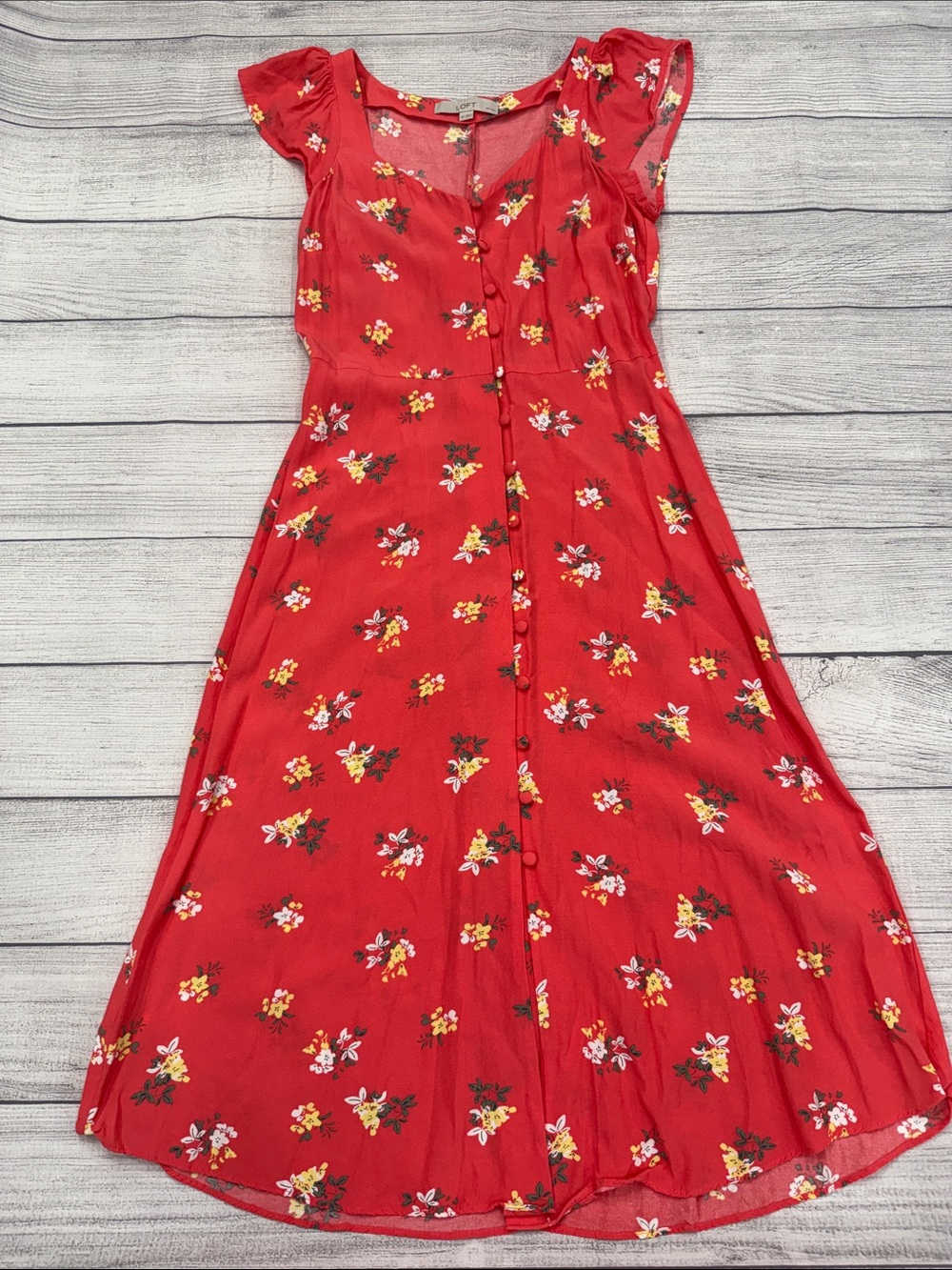 LOFT Red Floral Button Front Flutter Sleeve Maxi Dress Petite 4P